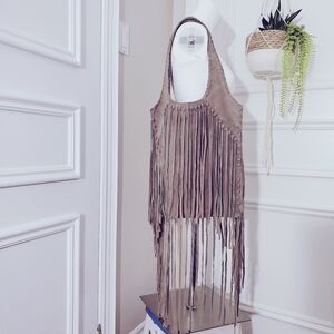 TOPSHOP Western Hand-Tie Genuine Suede Leather Fringe Hobo Shoulder Bag In Khaki